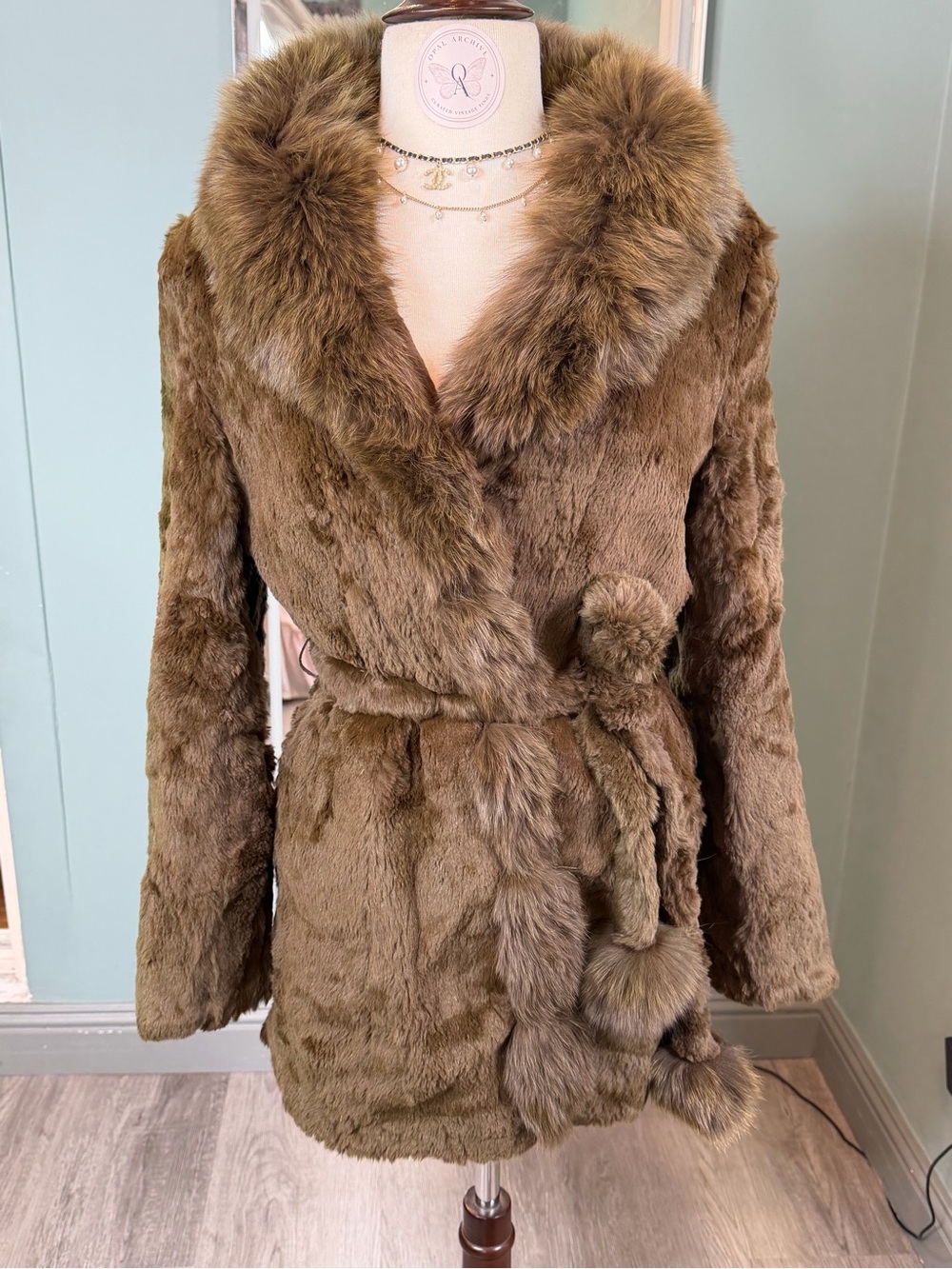Vintage Fox Fur Collar Rabbit Fur Belted Coat Olive Brown Y2K S